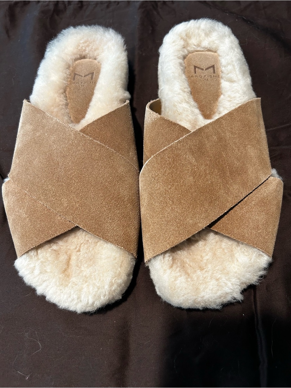 Marc Fisher "Mi Canna" Shearling-Lined Tan Suede Slide Sandals
